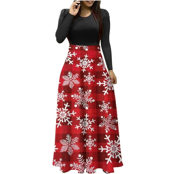 gakvbuo Plus Size Maxi Dresses For Women Christmas Floral Printed Long Sleeve Casual Round Neck Ankle-Length Dress Swing Long Fall Dresses For Women 2023