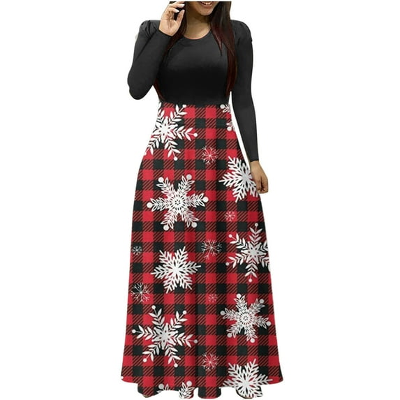 gakvbuo Plus Size Maxi Dresses For Women Christmas Floral Printed Long Sleeve Casual Round Neck Ankle-Length Dress Swing Long Fall Dresses For Women 2023