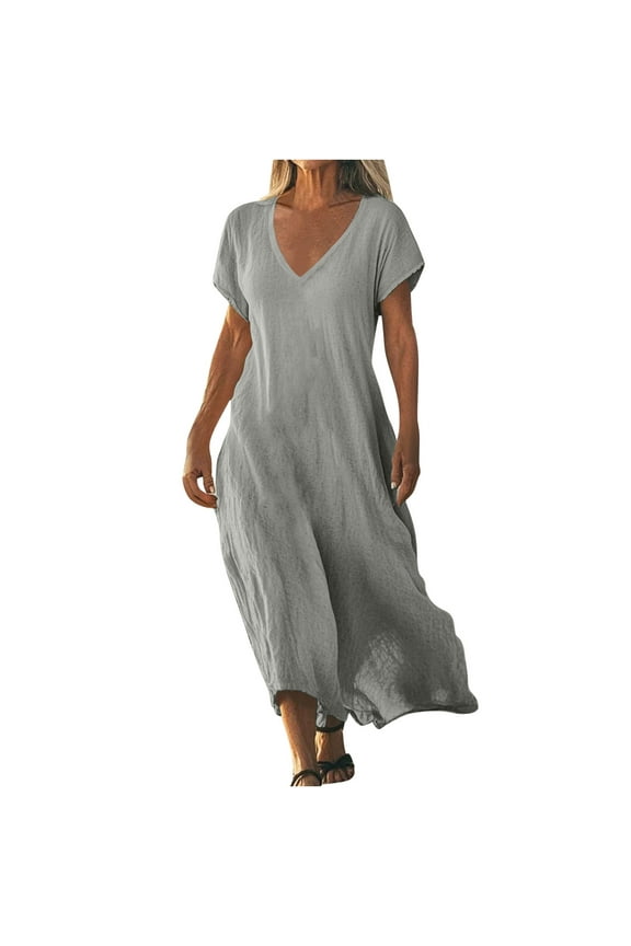 Plus Size Maxi Dresses for Women Summer Cotton Linen Gauze Dress Casual Short Sleeved V-Neck Solid Color Ruffle Hem Flowy Vacation Beach Dress