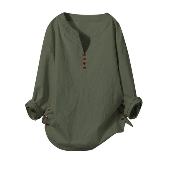 gakvbuo Plus Size Pullover Sweaters For Women Long Sleeve Sweatshirts Fall Tunic Tops Women Casual Cotton And Linen Long Sleeve V-Neck Solid Loose Tops Blouses