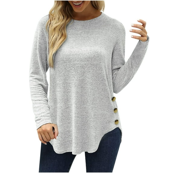 gakvbuo Plus Size Pullover Sweaters For Women Long Sleeve Sweatshirts Fall Tunic Tops Women Casual Long Sleeve Solid Shirts Lightweight Round Neck Button Down Tunic Tops