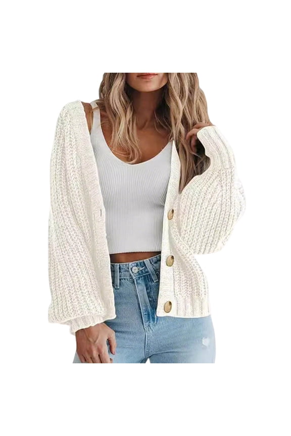 Cardigan Sweaters for Women Chunky Knit Open Front Cropped Sweater Long Sleeve V-Neck Button Down Jacket Tops Fall Sweaters Loose Short Cardigan Outerwear Coats Fall Clothes