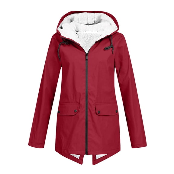 gakvbuo Plus Size Rain Jacket for women Spring Winter Warm Coat Casaul Drawstring Outdoor Hooded Raincoat Windproof Tops Zipper Hooded Jackets Rain Coat With Pocket,Size S-5XL