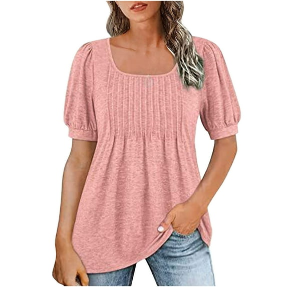 gakvbuo Plus Size Summer Tops For Women 2023 Trendy Women's Fashion Casual Solid Color Pleated Comfortable Short Sleeve Sweatshirt Tops Blouse