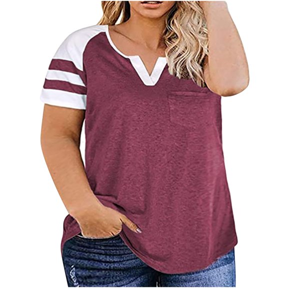gakvbuo Plus Size Summer Tops For Women 2023 Trendy Women's Plus Size Casual V-neck Pocket Short Sleeves