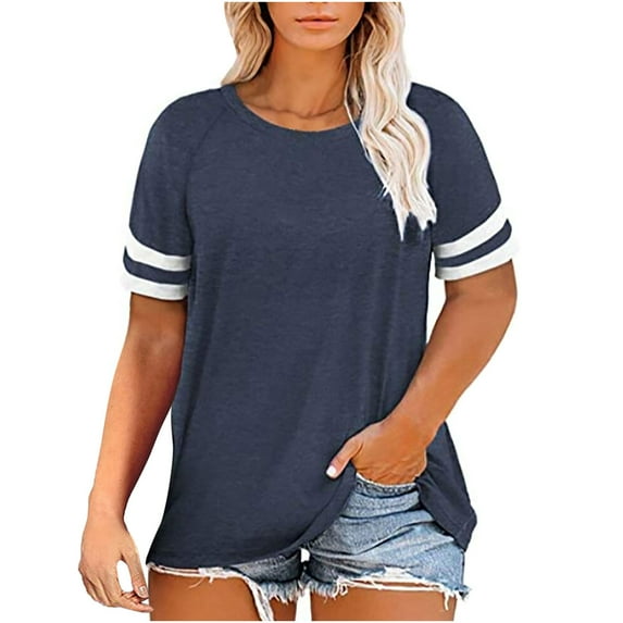 gakvbuo Plus Size Summer Tops For Women 2023 Trendy Women‘s Plus-Size Tops For Women Summer Round Neck T Shirts Color Block Raglan Tees