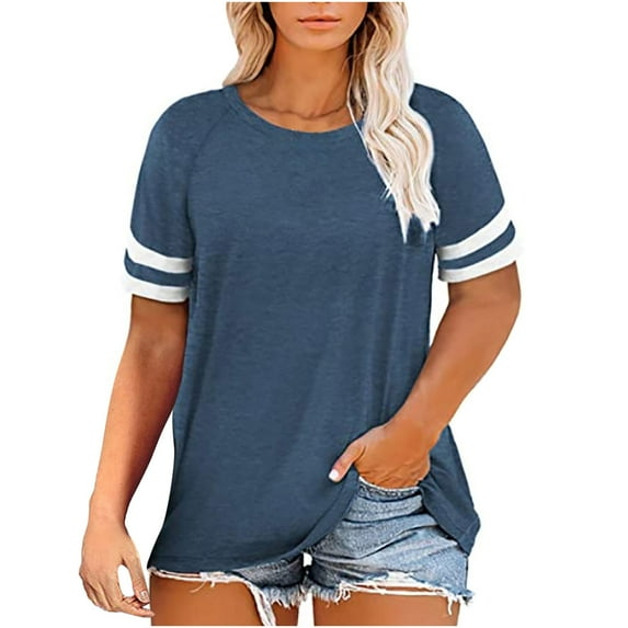 gakvbuo Plus Size Summer Tops For Women 2023 Trendy Women‘s Plus-Size Tops For Women Summer Round Neck T Shirts Color Block Raglan Tees