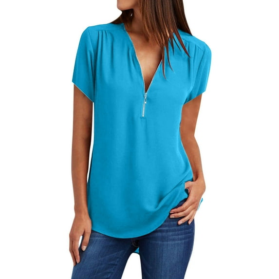 gakvbuo Plus Size Summer Tops For Women 2023 Trendy Women's Summer Short Sleeve Shirts Zip Casual Tunic V-Neck Rollable Blouse Tops