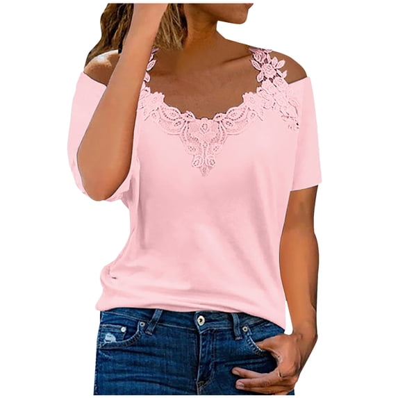 gakvbuo Plus Size Summer Tops For Women Cold Shoulder Lace Patchwork Regular Fit Tops Sexy Shirts Lace Strap Scoop Neck Short Sleeve Rock Concert Outfits For Women Tunic Tops