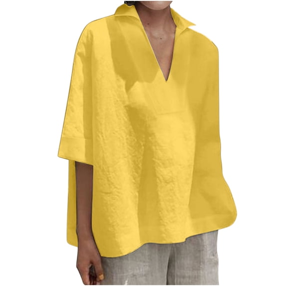 gakvbuo Plus Size Summer Tops For Women Tops Dressy Casual Tunic Tops To Wear With Leggings Women's Summer Cropped Sleeves Lapel V-Neck Cotton Line Loose Shirt Blouse