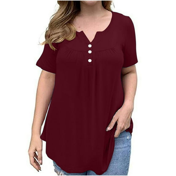 gakvbuo Plus Size Summer Tops For Women Tops Dressy Casual Tunic Tops To Wear With Leggings Women's Summer Loose Slim Button Short Sleeve V-Neck Top/Shirt