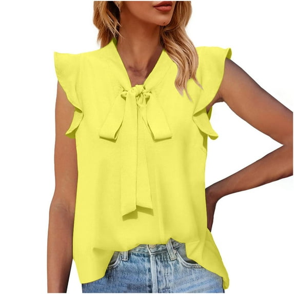 gakvbuo Plus Size Summer Tops For Women Tops Dressy Casual Tunic Tops To Wear With Leggings Womens Tie Neck Blouses Summer Causal Ruffle Trim Sleeveless Tops Shirts