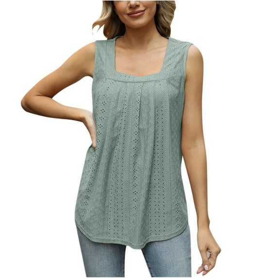 gakvbuo Plus Size Summer Tops For Women Tops Dressy Casual Women's Sleeveless Solid Color Pleated Cut-Out Square Collar Top Pullover VestWorkout Tops For Women