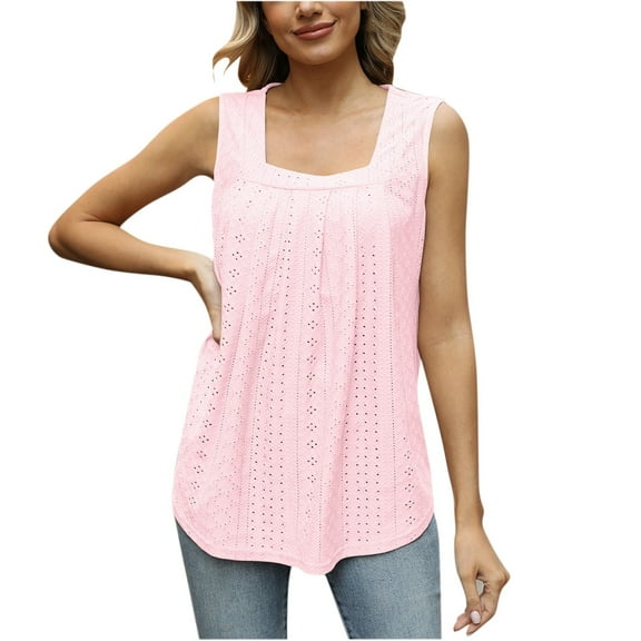 gakvbuo Plus Size Summer Tops For Women Tops Dressy Casual Women's Sleeveless Solid Color Pleated Cut-Out Square Collar Top Pullover VestWorkout Tops For Women