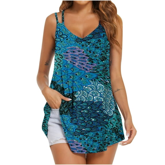 gakvbuo Plus Size Summer Tops For Women Tops Dressy Casual Women's Printed V-neck Comfortable Loose T-shirt Sleeveless Blouse Casual TopsWorkout Tops For Women