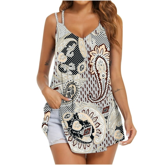 gakvbuo Plus Size Summer Tops For Women Tops Dressy Casual Women's Printed V-neck Comfortable Loose T-shirt Sleeveless Blouse Casual TopsWorkout Tops For Women