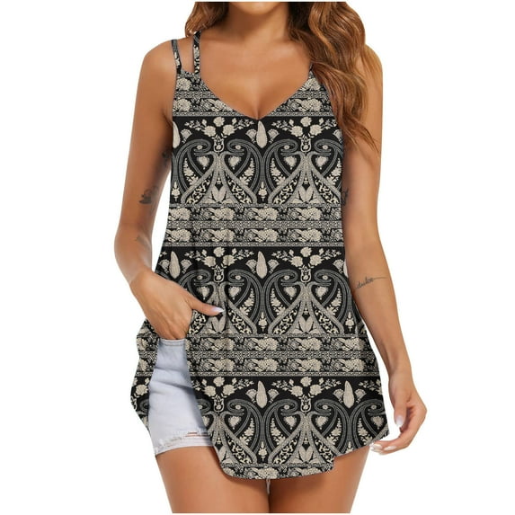 gakvbuo Plus Size Summer Tops For Women Tops Dressy Casual Women's Printed V-neck Comfortable Loose T-shirt Sleeveless Blouse Casual TopsWorkout Tops For Women