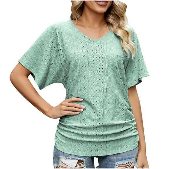 gakvbuo Plus Size T Shirts For Women Summer Tops 2023 Short Sleeve Business Casual Cutout Tunic Tops Ruffle Sleeve Top Blouse Solid Boat Neck V Neck Dolman Top With Side Shirring
