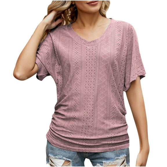 gakvbuo Plus Size T Shirts For Women Summer Tops 2023 Short Sleeve Business Casual Cutout Tunic Tops Ruffle Sleeve Top Blouse Solid Boat Neck V Neck Dolman Top With Side Shirring