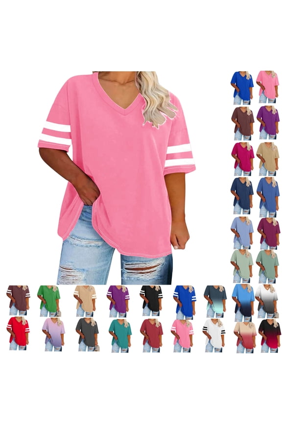 Plus Size Topss For Womens Summer Oversized T-Shirts Tees V Neck T Shirts Summer Half Sleeve Tees Crew Neck Tunic Tops