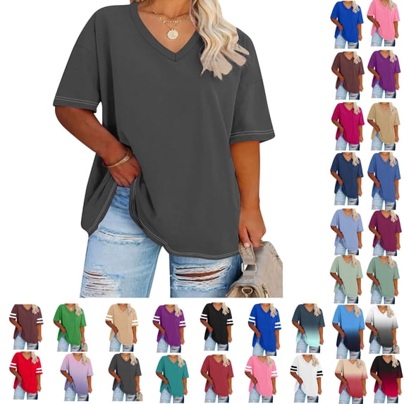 gakvbuo Plus Size Topss For Womens Summer Oversized T-Shirts Tees V Neck T Shirts Summer Half Sleeve Tees Crew Neck Tunic Tops