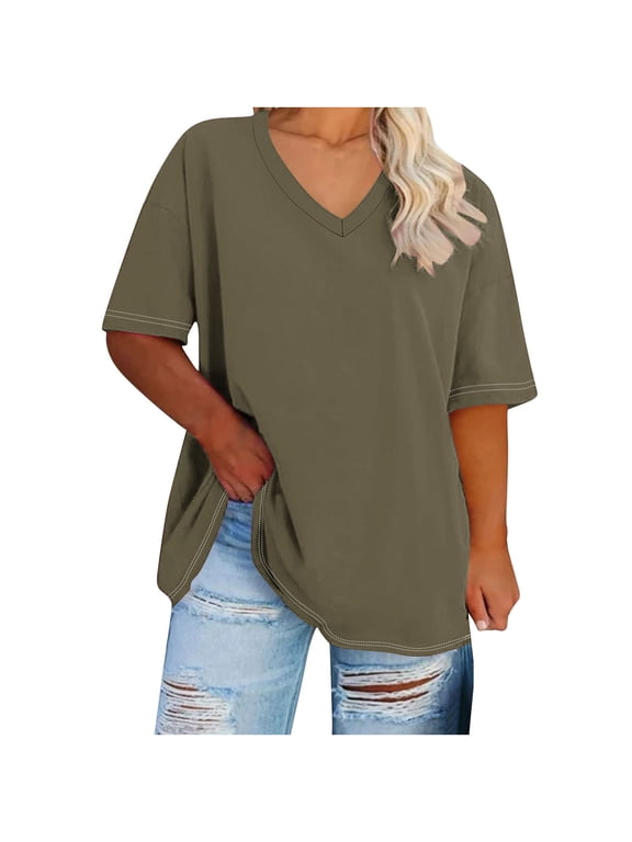 Plus Size Topss For Womens Summer Oversized T-Shirts Tees V Neck T Shirts Summer Half Sleeve Tees Crew Neck Tunic Tops