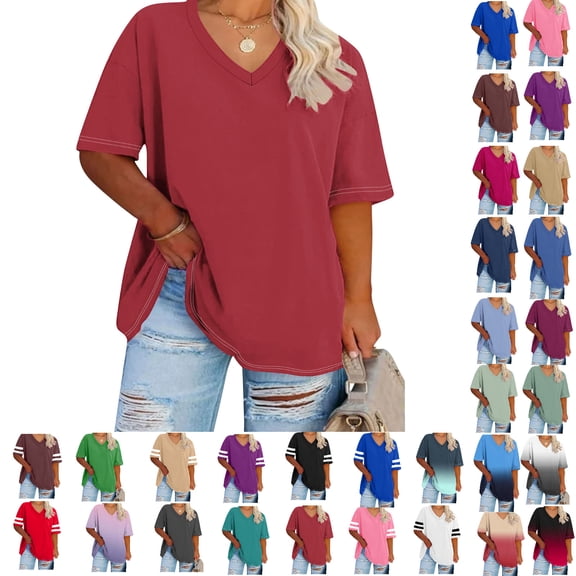 gakvbuo Plus Size Topss For Womens Summer Oversized T-Shirts Tees V Neck T Shirts Summer Half Sleeve Tees Crew Neck Tunic Tops