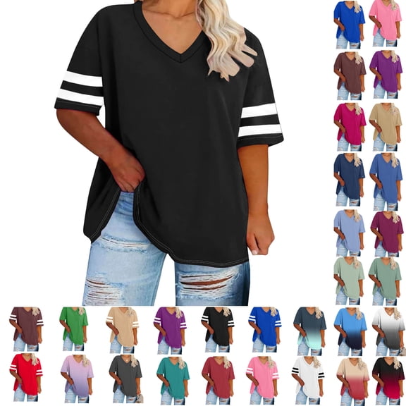 gakvbuo Plus Size Topss For Womens Summer Oversized T-Shirts Tees V Neck T Shirts Summer Half Sleeve Tees Crew Neck Tunic Tops