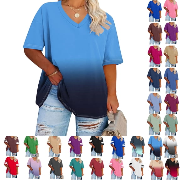 gakvbuo Plus Size Topss For Womens Summer Oversized T-Shirts Tees V Neck T Shirts Summer Half Sleeve Tees Crew Neck Tunic Tops