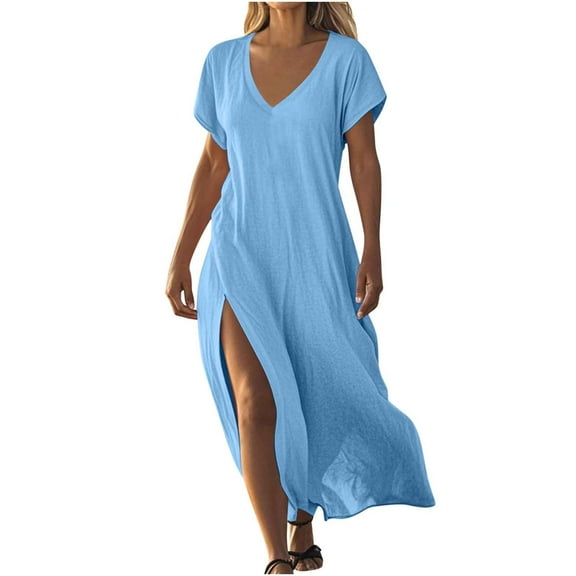 gakvbuo Plus Size Maxi Dresses for Women'S Side Slit with Pockets Cotton Linen Dresses Short Sleeve V-Neck Summer Vacation Beach Party Dresses S-2Xl