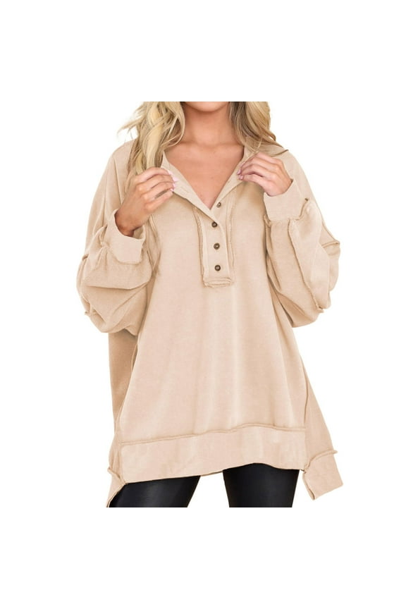 Pullover Sweaters For Women With Button Henley Neck Long Sleeve Button Up Sweaters Crewneck Fall Oversized Slit Side Pullover Sweatshirts