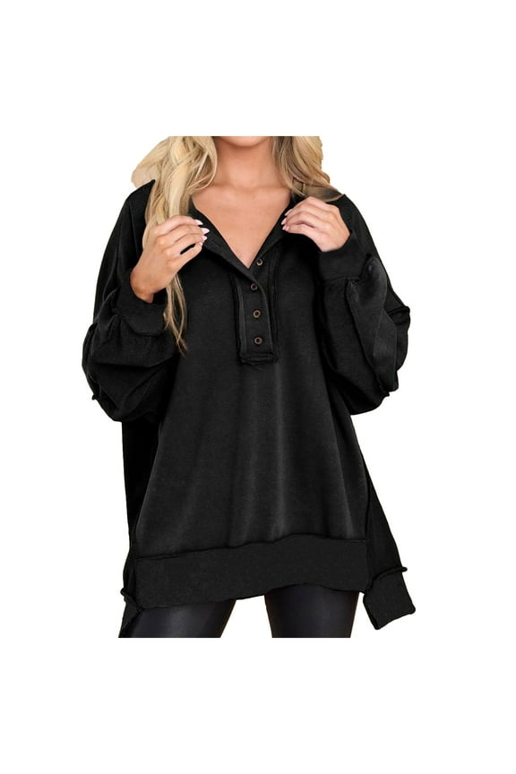 Pullover Sweaters For Women With Button Henley Neck Long Sleeve Button Up Sweaters Crewneck Fall Oversized Slit Side Pullover Sweatshirts