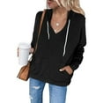 thumbnail image 1 of gakvbuo Pullover Sweatshirt For Women Casual Solid Color Drawstring V-Neck Long Sleeve Pullover Tunic Blouse Top Hoodie Sweatshirt With Pockets, 1 of 7