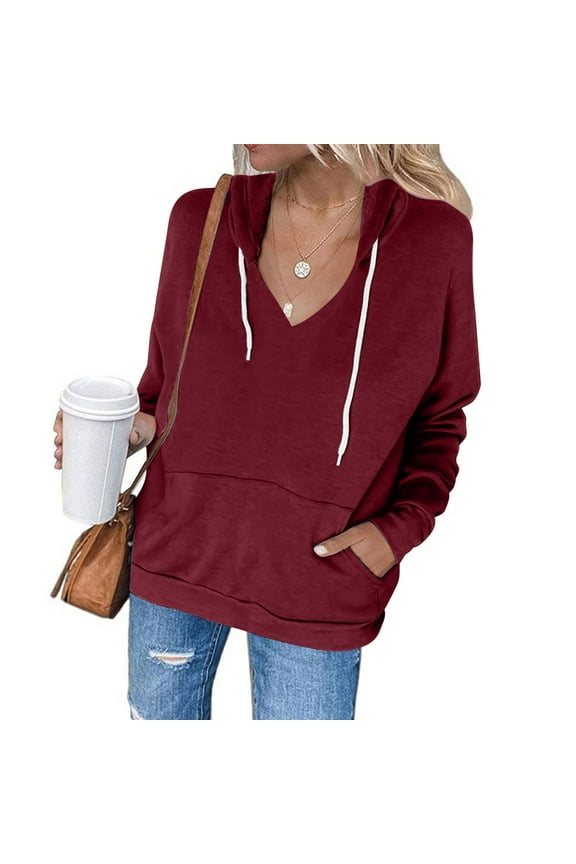 Pullover Sweatshirt For Women Casual Solid Color Drawstring V-Neck Long Sleeve Pullover Tunic Blouse Top Hoodie Sweatshirt With Pockets