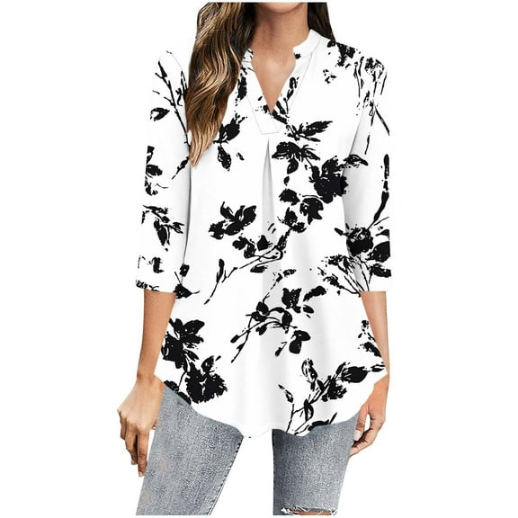 gakvbuo Pullover Tunic Top With Leggings for Womens Tops Dressy Casual 3/4 Sleeve Blouses Front Pleat V Neck Flowing Hem Office Business Work Shirts