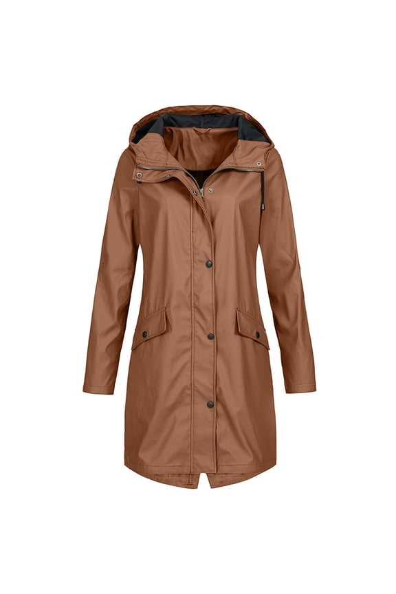 Rain Jackets For Women Waterproof Long Sleeve Lightweight Plus Size Raincoat Buttons Zip Up Ski-Wear Trench Coat Outdoor Sportswear Mountaineering Clothes Hooded Drawstring Windbreaker