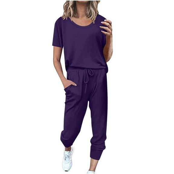 gakvbuo Sets For Women 2 Piece Outfits Tracksuits With Pockets Crewneck Short Sleeve T-Shirts Elastic Waist Drawstring Sweat Pants Loose Trendy Summer Pajamas Sweatsuits Jogger Sport Sets