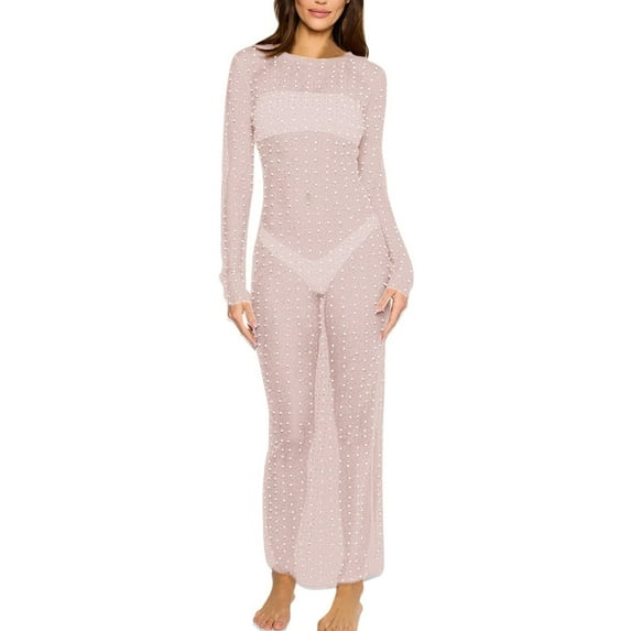 gakvbuo Sexy Pearls Dress Summer Dresses For Women Long Maxi Dress Beach Bikni Cover Up Dress Long Sleeve Hollow Out Sheer Mesh Maxi Dress