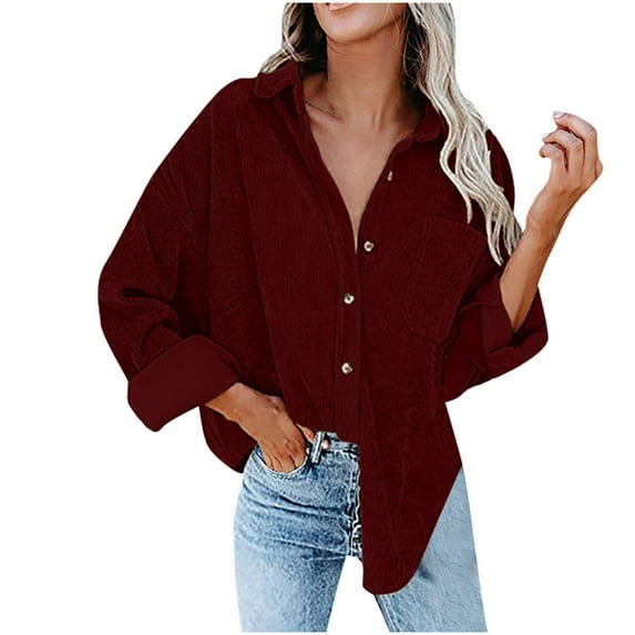 gakvbuo Shacket Jacket Women Plus Size Cardigan Solid Color Loose Bat Sleeve Waffle Knitted Button Down Urtleneck Sweatshirt Lapel Corduroy Jacket Outwears