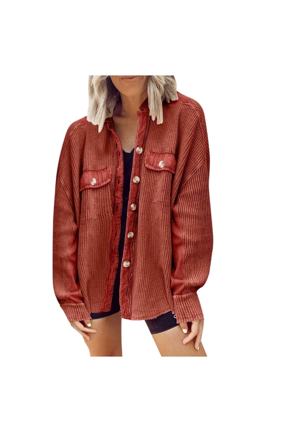 Shacket Jacket Women Plus Size Cardigan Solid Color Loose Bat Sleeve Waffle Knitted Button Down Urtleneck Sweatshirt Lapel Corduroy Jacket Outwears
