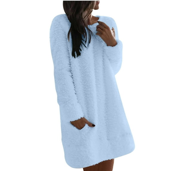 gakvbuo Sherpa Fleece Tunic Pullover Dress For Womens Long Sleeve Sherpa Dress Fuzzy Straight Dress Sweatshirts Oversized Fluffy Coat With Pockets
