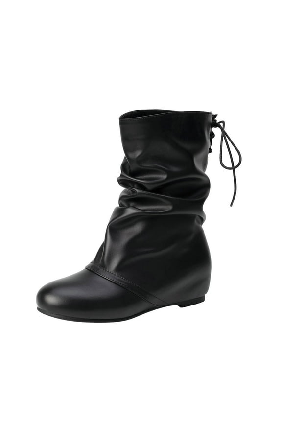 Short Boots For Women Current Season Winter Elevated Wedge Heel Mid Heel Lace Up Mid Sleeve Fashion Boots