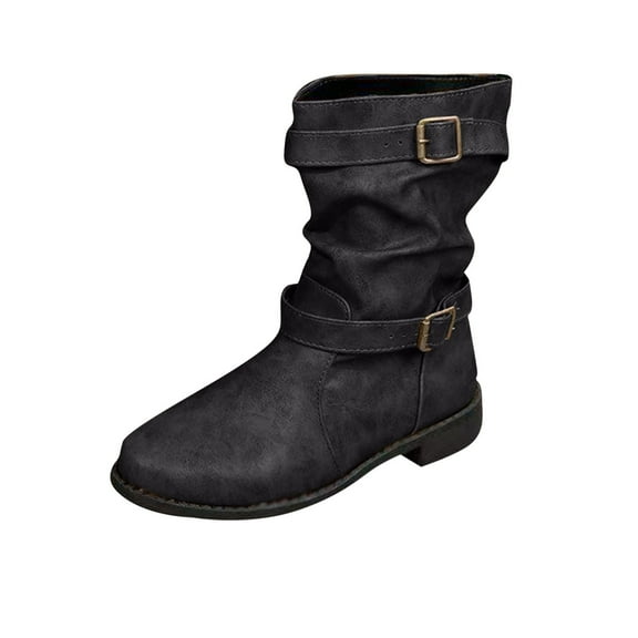 gakvbuo Short Boots For Women Women's Fashion Casual Belt Buckle Frosted Mid-calf Boots Round Toe Chunky Heel Winter Leather Boots Boots