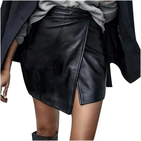 gakvbuo Short Leather Mini Skirts For Women Womens Sexy Solid High Waist Short Skirt Split Leather Irregular Mini Skirt