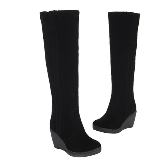 gakvbuo Snow Boots For Women Mid-Calf Boots Women Slip-on Thick Wedge Heels High Heels Solid Color Winter Warm Knee High Round Toe Thick Fleece Snow