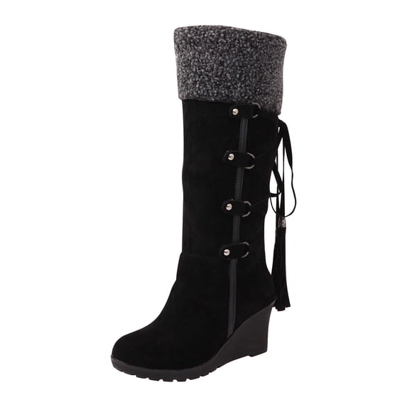gakvbuo Snow Boots For Women Mid-Calf Boots Women's Large-size Fringe Back Zipper Mid-calf Boots Non-slip Chunky Heel Snow Boots