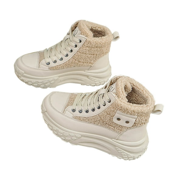 gakvbuo Snow Boots For Women Short Boots Woman Color Blocking Leather Lamb Wool Splicing Together Lace Up Outdoors Still Short Snow Boots