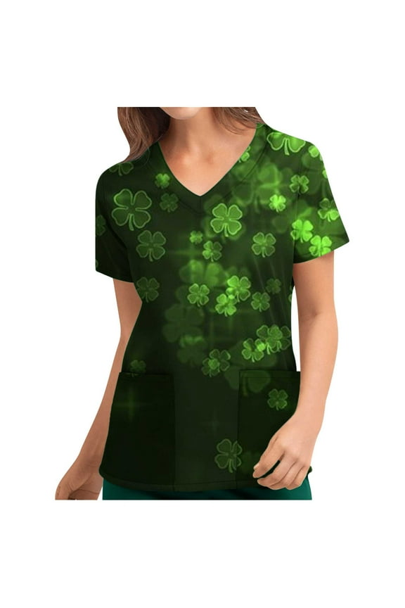 St. Patrick's Day Scrubs Tops For Women Plus Size Working Uniform With Pocket V-Neck Work Utility&Safety Tops Nursing Uniform Printed Worker Protective Working Uniform Shirts