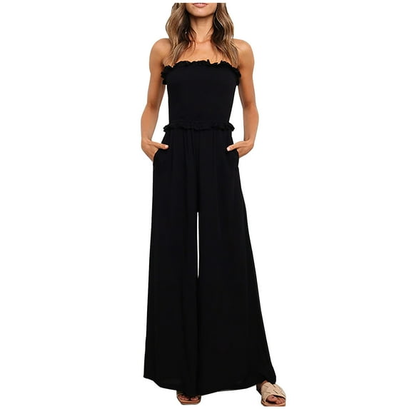 gakvbuo Strapless Jumpsuit For Women Off Shoulder Summer Rompers 2024 Strapless Pleated Ruffled High Wais Tube Top Wide Leg Palazzo Pants Jumpsuit Casual One Piece Outfits