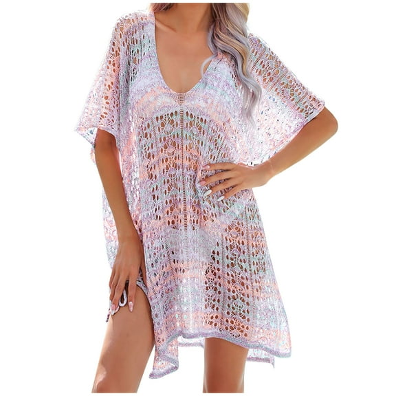 gakvbuo Summer Beach Cover Up Dress For Women Swimwear Bikini Bathing Suit Coverups Women's Fashion Round Neck Long Sleeve Loose Hollowed Out Beach Swimsuit Blouse